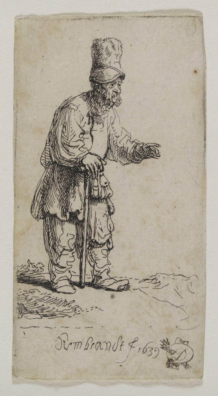 A peasant in a high cap, standing leaning on a stick top image
