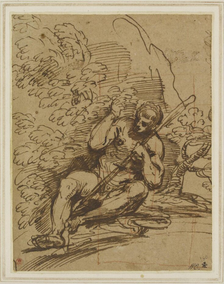 Nude figure of a man seated holding a staff top image