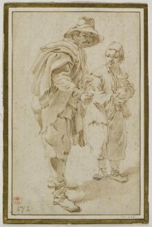 A Standing Man Gesturing with His Hands and a Boy Holding a Pot thumbnail 1
