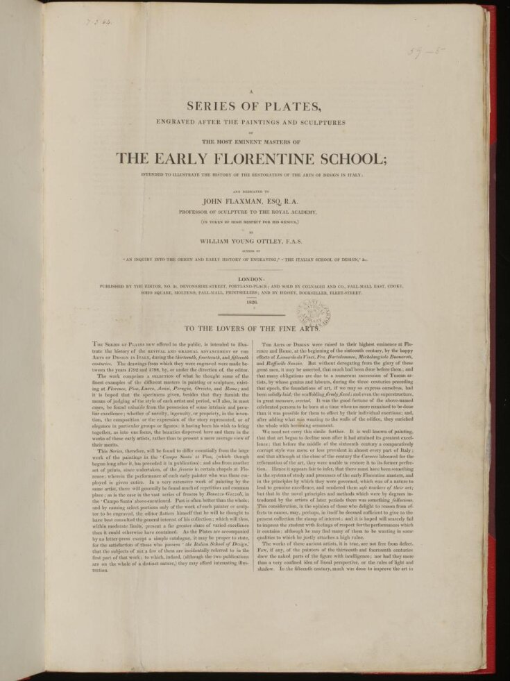 A series of plates, engraved after the paintings and sculptures of the most eminent masters of the early Florentine school; : intended to illustrate the history of the restoration of the arts of design in Italy; and dedicated to John Flaxman, Esq. R.A. top image