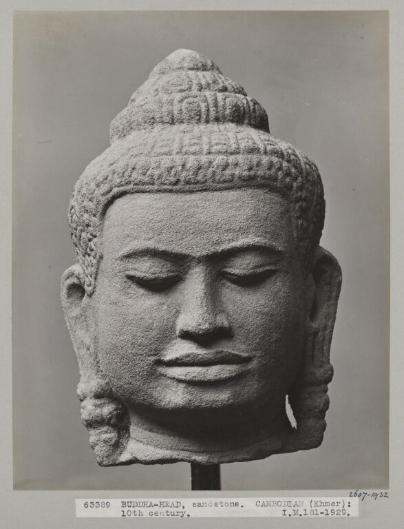 Head of the Buddha, sandstone, Lopburi style, Thailand, 11th-12th century. at the Victoria and Albert Museum