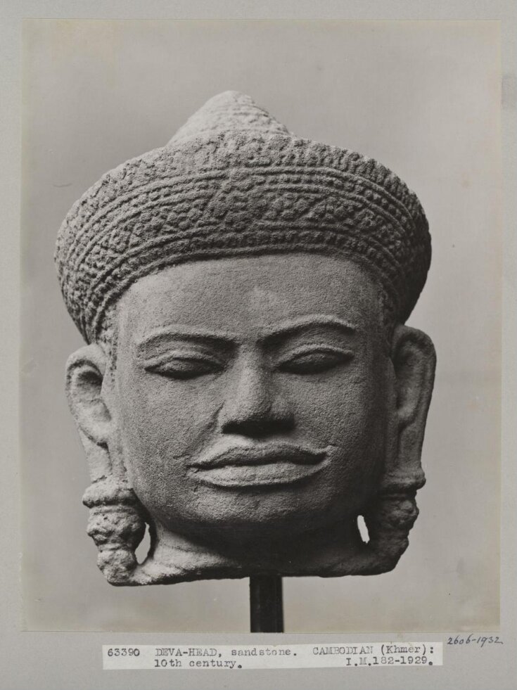 Cambodian sandstone sculpture of head of Deva, 10th century, V&A Museum, London top image