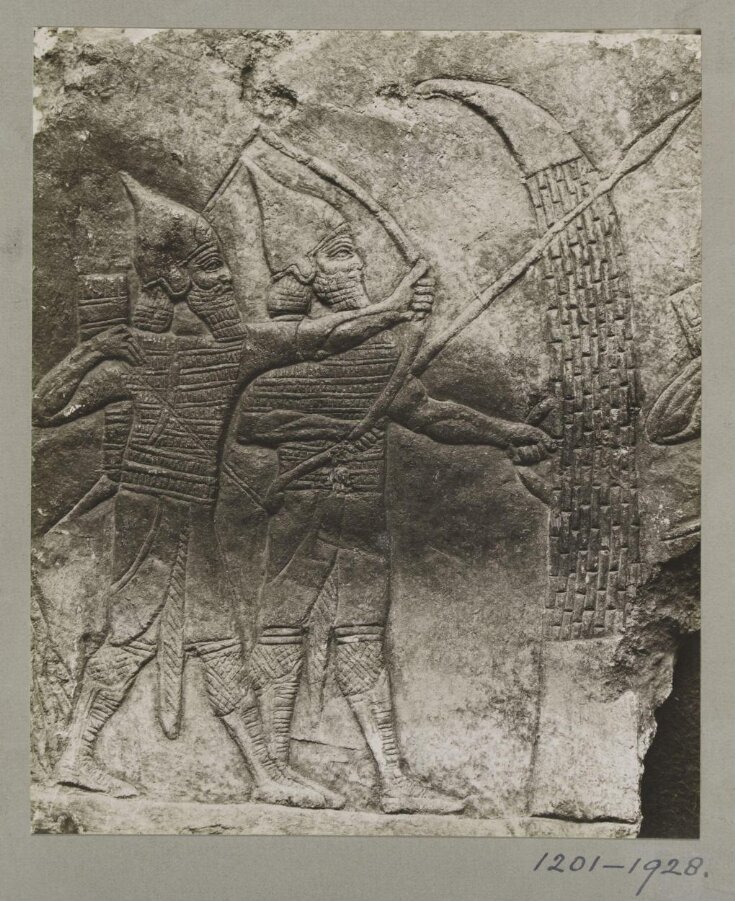 Assyrian slab of archers and spearmen, from the Palace of Shur-Bari-Pal (BC. 668-626), at Nineveh. ca. 660 B.C. top image