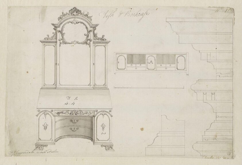 A design for a rococo desk and bookcase which appeared as plate no.112 in The Gentleman and Cabinet-Maker's Director (1762 ed.), Thomas Chippendale