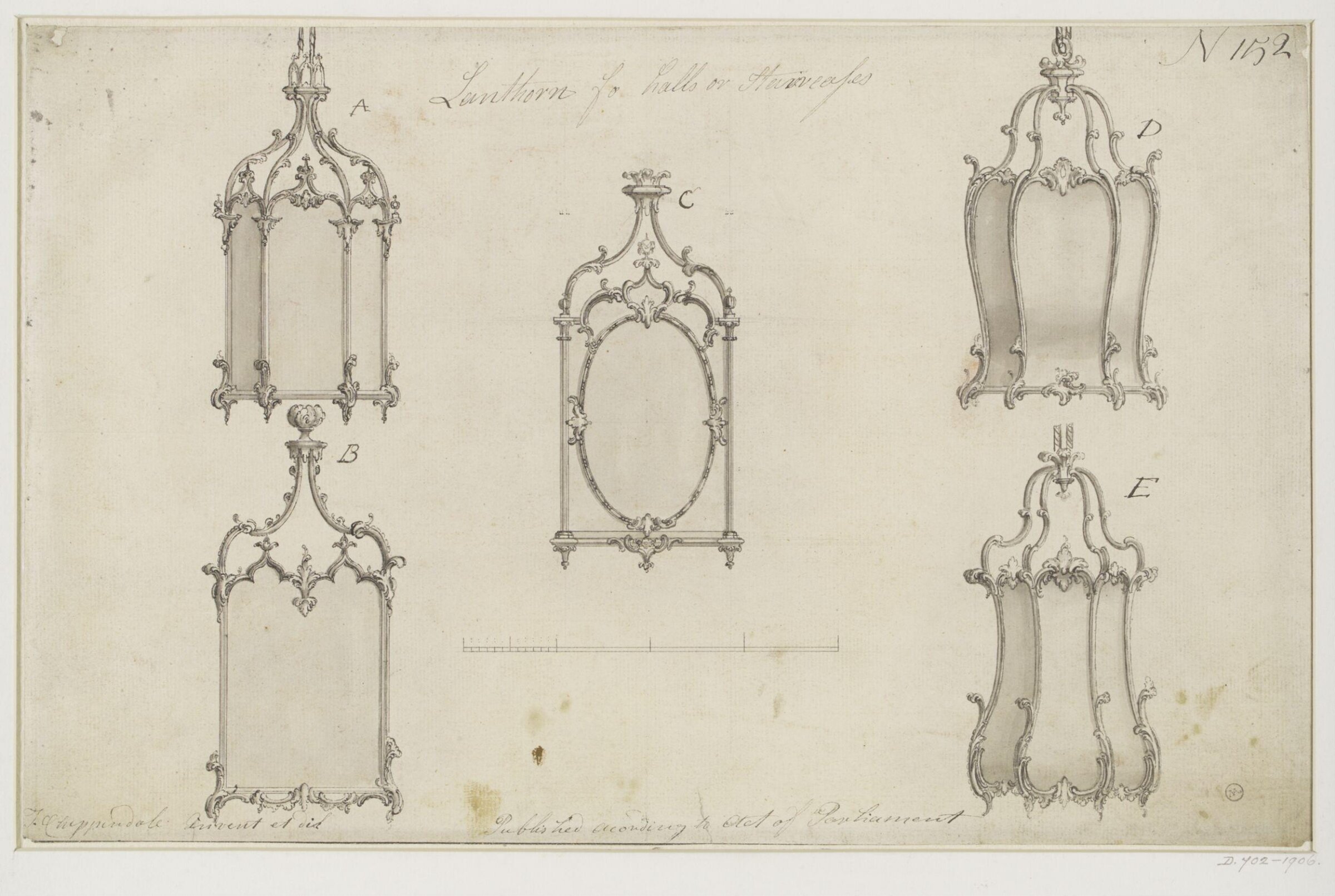 Five lantern designs which appeared as plate no.152 in The Gentleman and Cabinet-Maker's Director (1762 ed.), Thomas Chippendale, Thomas Chippendale Senior, ca.1752-1762