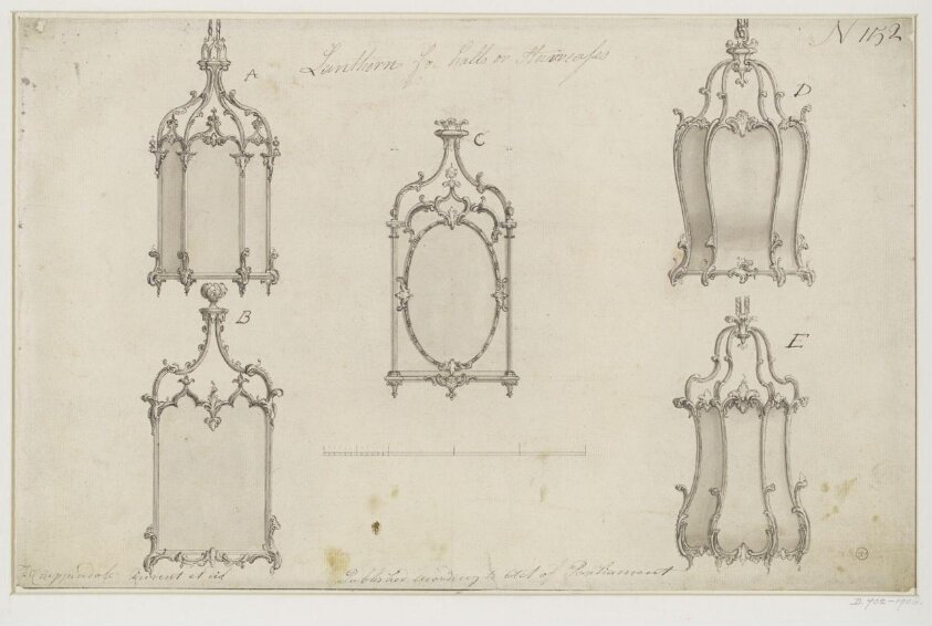 Five lantern designs which appeared as plate no.152 in The Gentleman and Cabinet-Maker's Director (1762 ed.), Thomas Chippendale