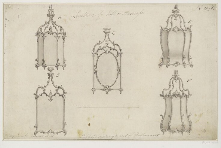 Five lantern designs which appeared as plate no.152 in The Gentleman and Cabinet-Maker's Director (1762 ed.), Thomas Chippendale top image