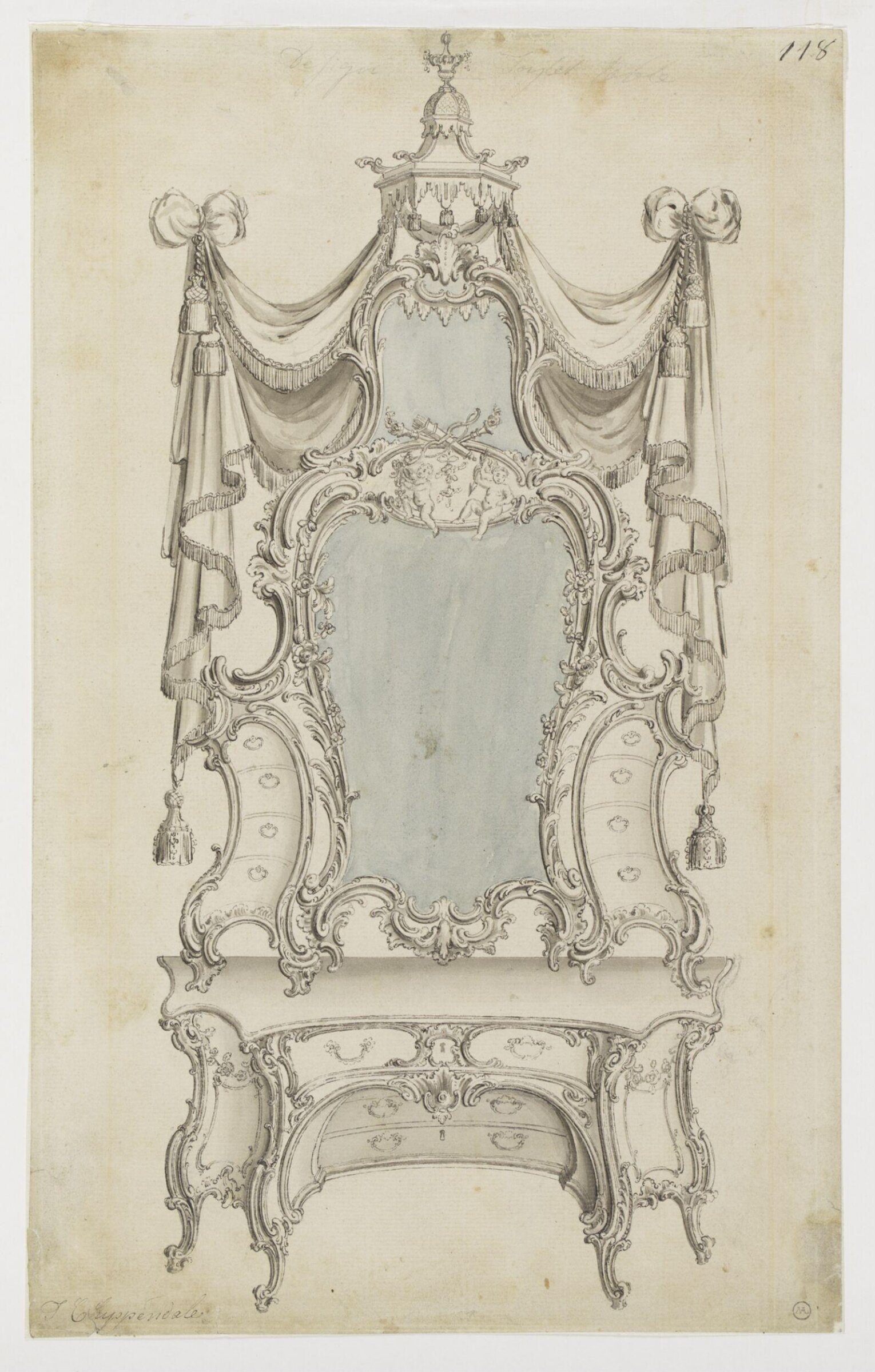 A design for a rococo dressing table which appeared as plate no.118 in The Gentleman and Cabinet-Maker's Director (1762 ed.), Thomas Chippendale, Thomas Chippendale Senior, ca.1753-1762