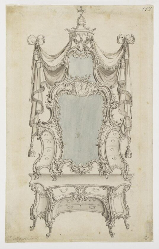 A design for a rococo dressing table which appeared as plate no.118 in The Gentleman and Cabinet-Maker's Director (1762 ed.), Thomas Chippendale