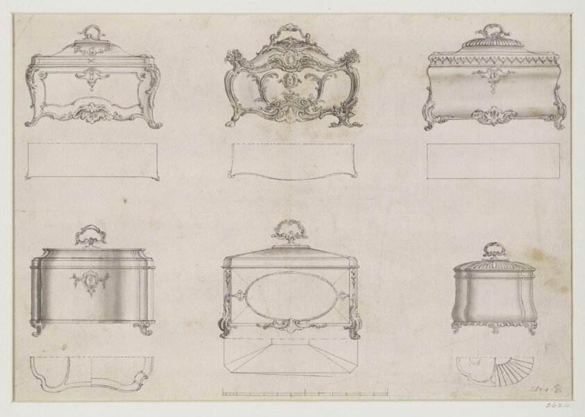 Six designs for tea chests which appeared as plate no.159 in The Gentleman and Cabinet Maker's Director (1762 ed.), Thomas Chippendale