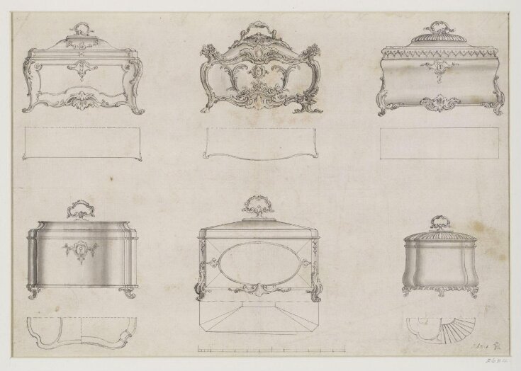 Six designs for tea chests which appeared as plate no.159 in The Gentleman and Cabinet Maker's Director (1762 ed.), Thomas Chippendale top image