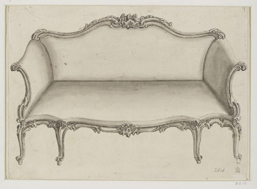 A design for a rococo sofa which appeared as the lower part of plate no.30 in The Gentleman and Cabinet-Maker's Director (1762 ed.), Thomas Chippendale