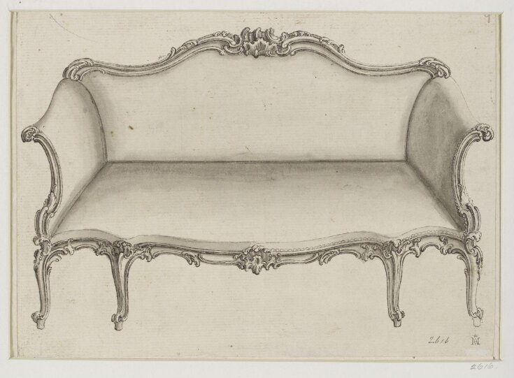 A design for a rococo sofa which appeared as the lower part of plate no.30 in The Gentleman and Cabinet-Maker's Director (1762 ed.), Thomas Chippendale top image