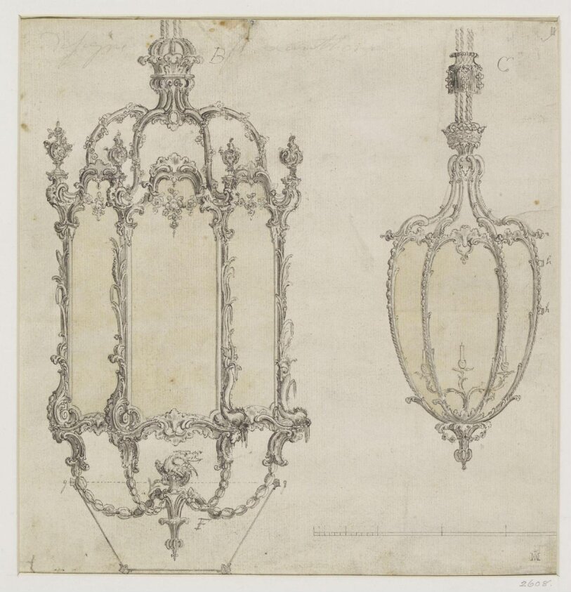 Two designs for rococo chandeliers which appeared as plate no.153 in The Gentleman and Cabinet-Maker's Director (1762 ed.), in pen and ink and wash, ca.1753-1762, Thomas Chippendale