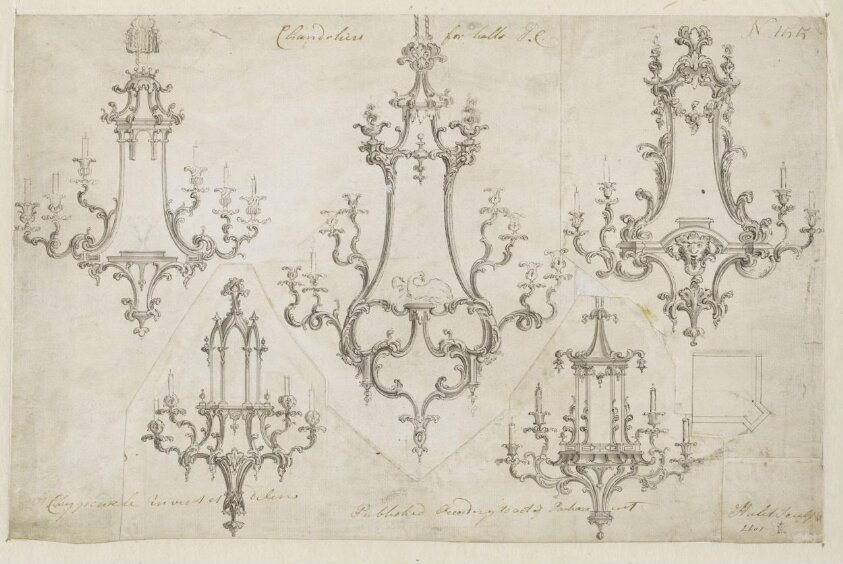 Five designs for chandeliers which appeared as  plate no.155 in The Gentleman and Cabinet- Maker's Director (1762 ed.), Thomas Chippendale