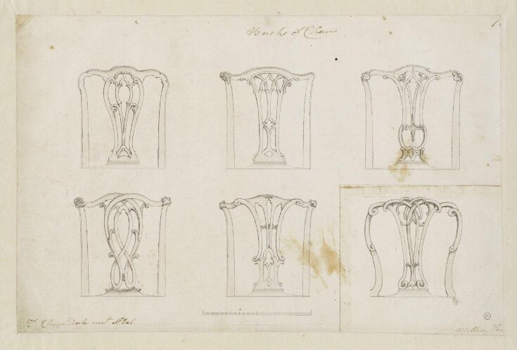 Six designs for ribbon-back chairs which appeared as plate no.16 in The Gentleman and Cabinet-Maker's Director (1762 ed.), Thomas Chippendale top image