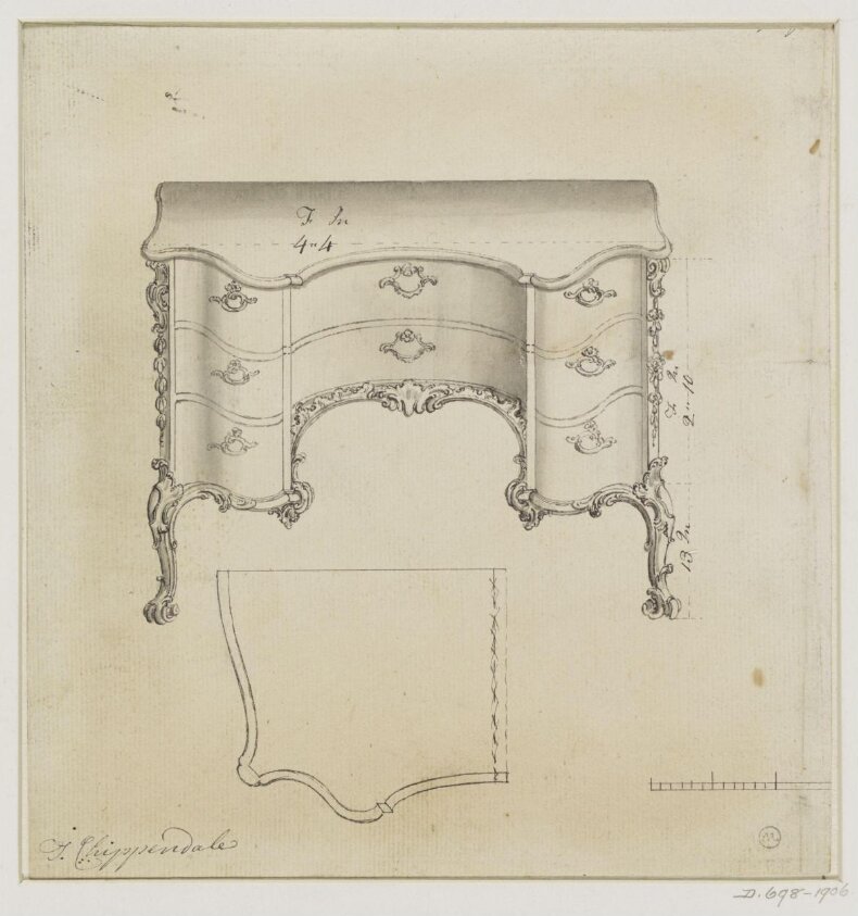 A design for a rococo commode which appeared as part of plate no.67 in The Gentleman and Cabinet-Maker's Director (1762 ed.), Thomas Chippendale
