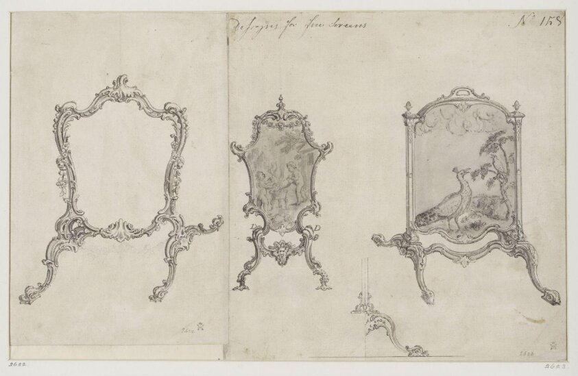 Designs for two rococo fire screens which appeared as part of plate no.158 in The Gentleman and Cabinet Maker's Director (1762 ed.), Thomas Chippendale