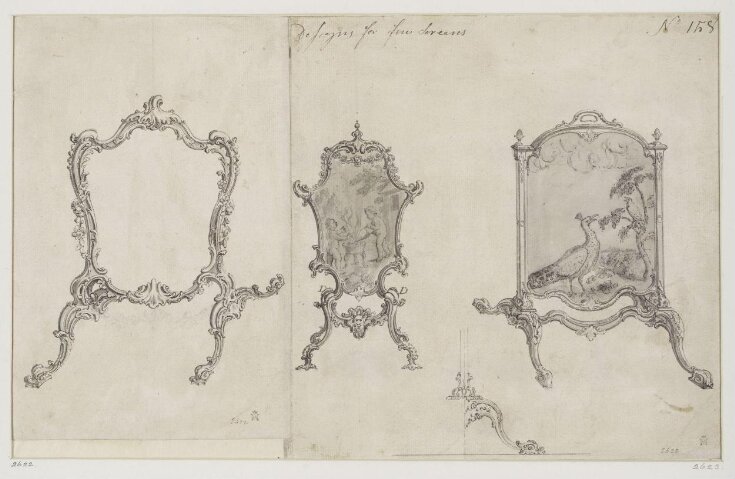 Designs for two rococo fire screens which appeared as part of plate no.158 in The Gentleman and Cabinet Maker's Director (1762 ed.), Thomas Chippendale top image