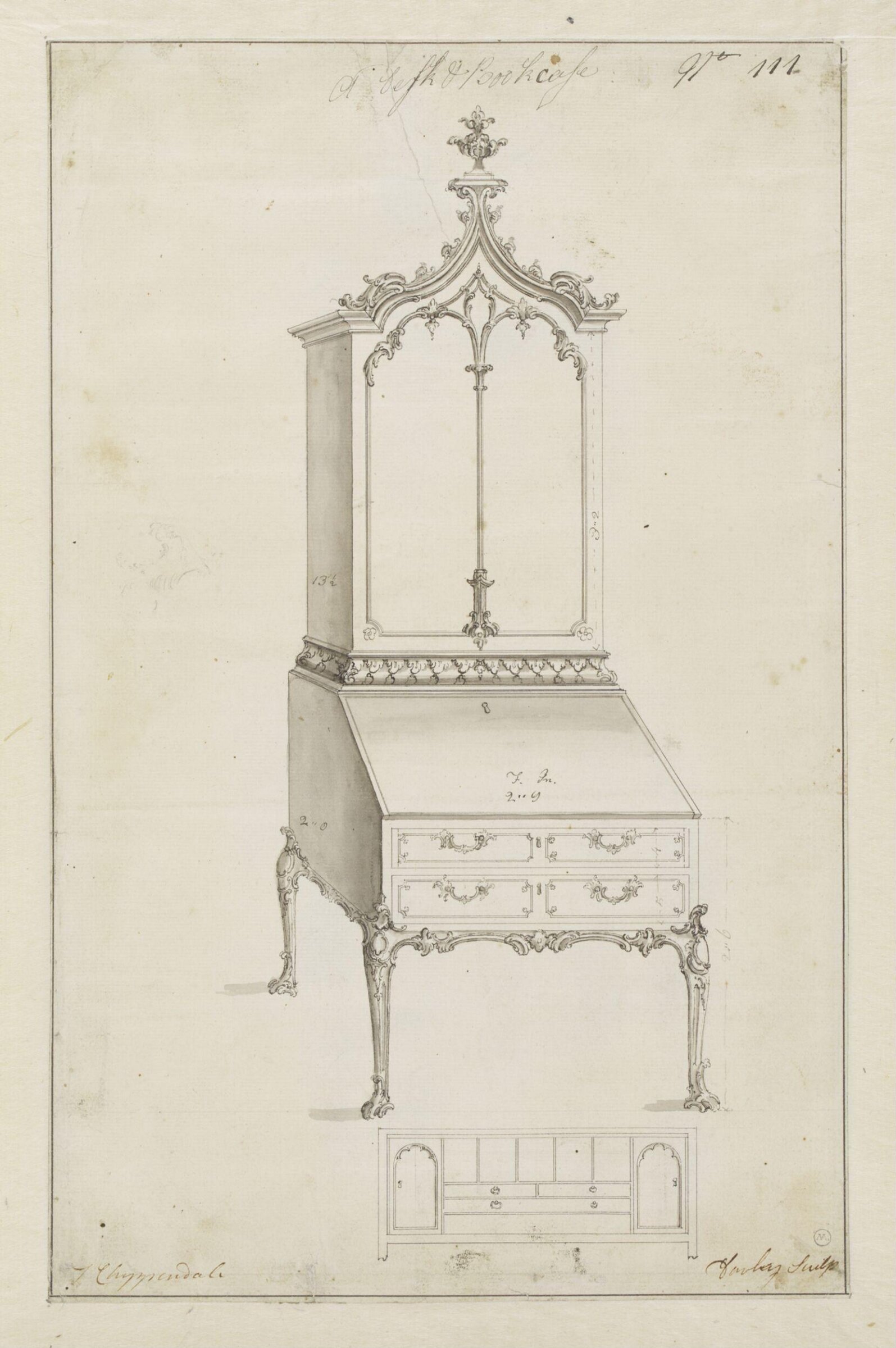 A design for a rococo desk and bookcase which appeared as plate no.111 in The Gentleman and Cabinet-Maker's Director (1762 ed.), Thomas Chippendale, Thomas Chippendale Senior, ca.1753-1762