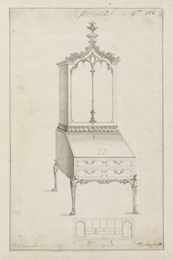 A design for a rococo desk and bookcase which appeared as plate no.111 in The Gentleman and Cabinet-Maker's Director (1762 ed.), Thomas Chippendale