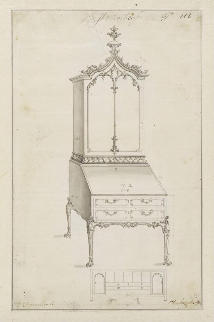 A design for a rococo desk and bookcase which appeared as plate no.111 in The Gentleman and Cabinet-Maker's Director (1762 ed.), Thomas Chippendale top image