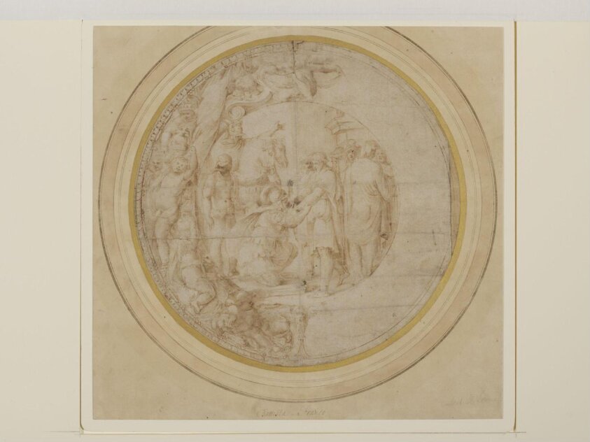 Design for a majolica dish: a scene from classical history or mythology, with a young soldier on his knees kissing the hands of an old man; the border decorated with putti
