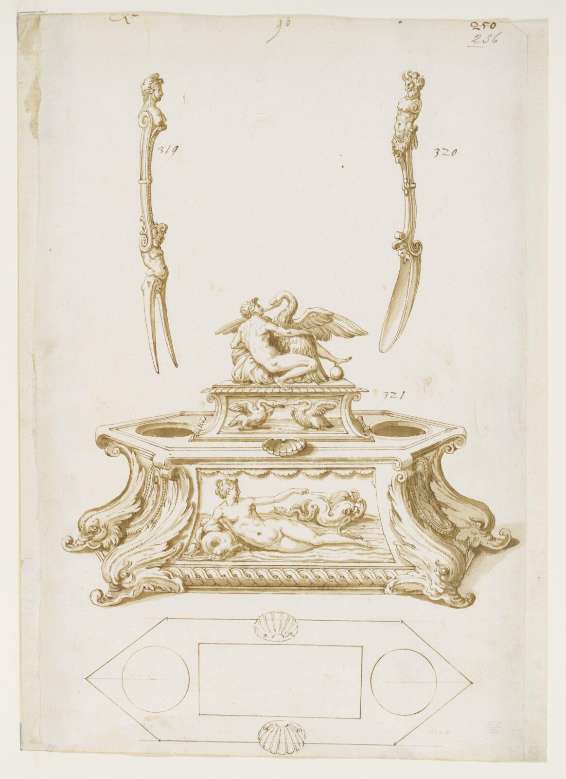 Designs for a salt-cellar and a spoon and fork, 16th century