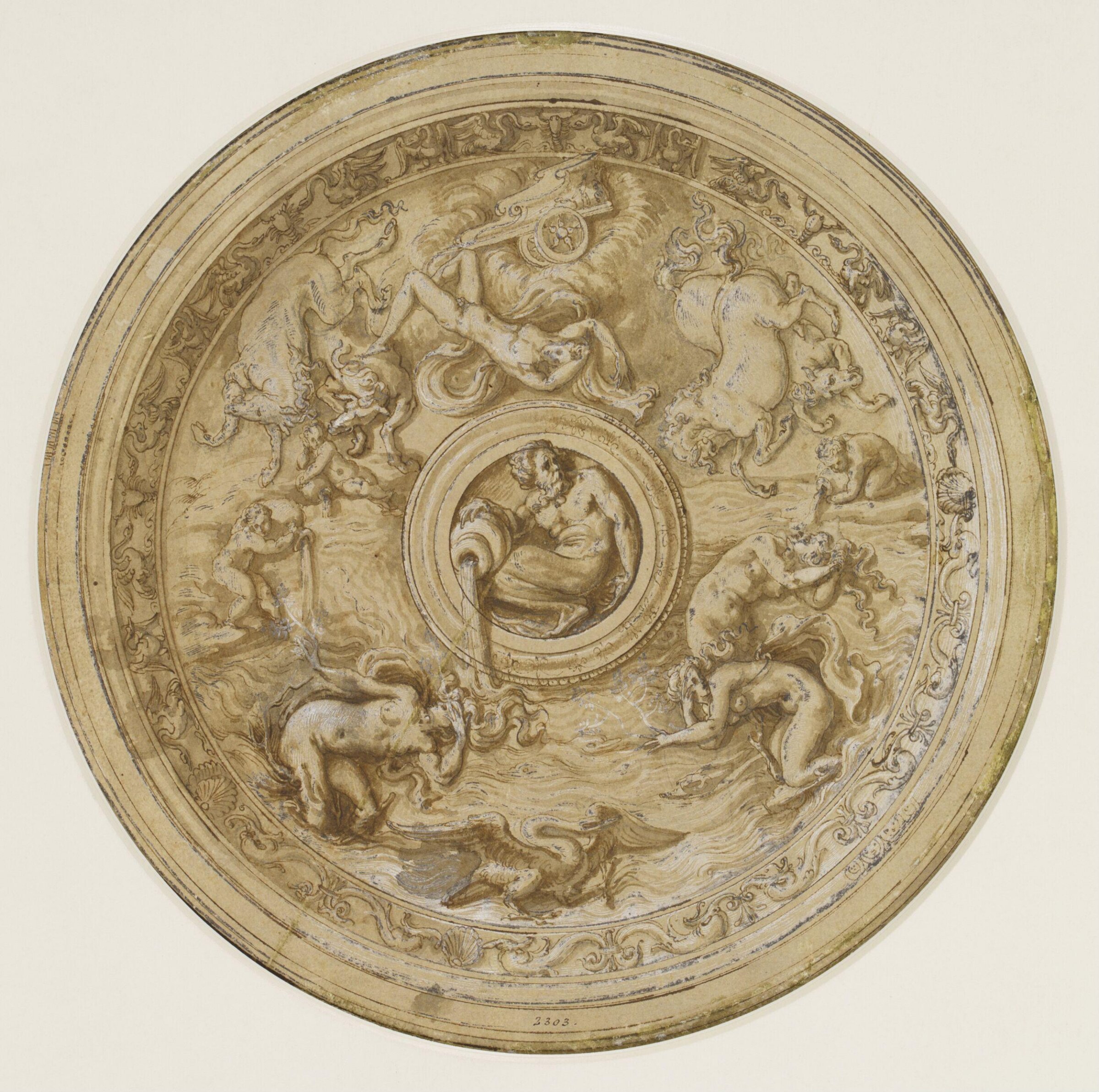 Design for a round dish, decorated with the Fall of Phaethon, copy after Francesco Salviati, 16th century