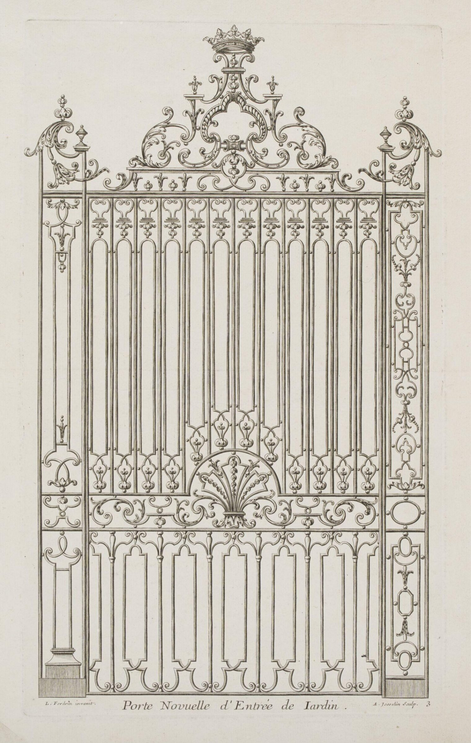 Nouveau Livre de Serrurerie, Contenant Toutes Sortes de Grilles d'un Gout Nouveau, Propres Pour les Coeurs d'Eglises, portes de Vestibules, Peristyles et de Jardins, tant pour les Maisons Royales, que pour celles des Seigneurs et Particuliers. Rampes, Port'emseignes, Balcons riches et simples, et autres de different Desseins. Invente et Compose Par Louis Fordrin, Serrurier ordinaire des Batiments du Roy, et ses Monnoyes., Louis Fordrin, 1723