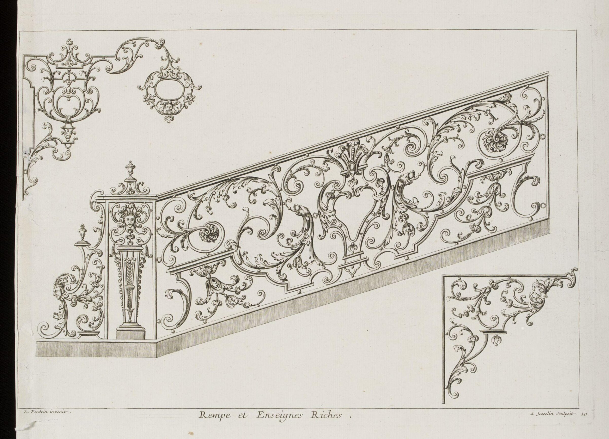 Nouveau Livre de Serrurerie, Contenant Toutes Sortes de Grilles d'un Gout Nouveau, Propres Pour les Coeurs d'Eglises, portes de Vestibules, Peristyles et de Jardins, tant pour les Maisons Royales, que pour celles des Seigneurs et Particuliers. Rampes, Port'emseignes, Balcons riches et simples, et autres de different Desseins. Invente et Compose Par Louis Fordrin, Serrurier ordinaire des Batiments du Roy, et ses Monnoyes., Louis Fordrin, 1723