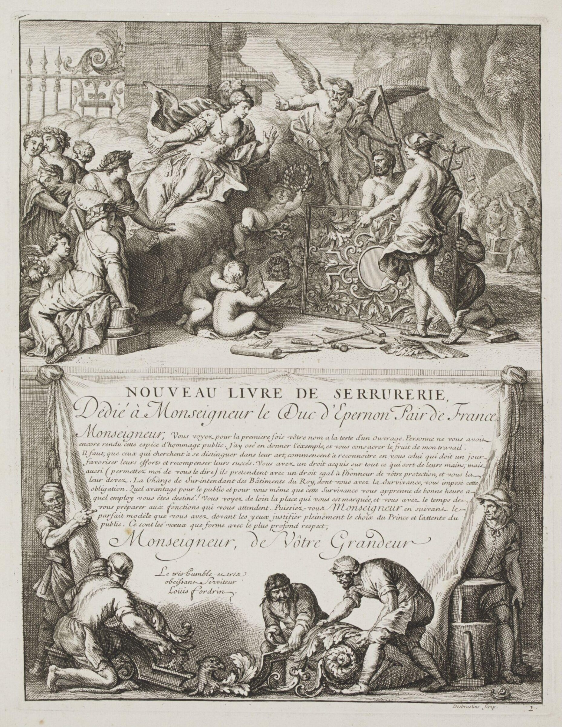 Nouveau Livre de Serrurerie, Contenant Toutes Sortes de Grilles d'un Gout Nouveau, Propres Pour les Coeurs d'Eglises, portes de Vestibules, Peristyles et de Jardins, tant pour les Maisons Royales, que pour celles des Seigneurs et Particuliers. Rampes, Port'emseignes, Balcons riches et simples, et autres de different Desseins. Invente et Compose Par Louis Fordrin, Serrurier ordinaire des Batiments du Roy, et ses Monnoyes., Louis Fordrin, 1723