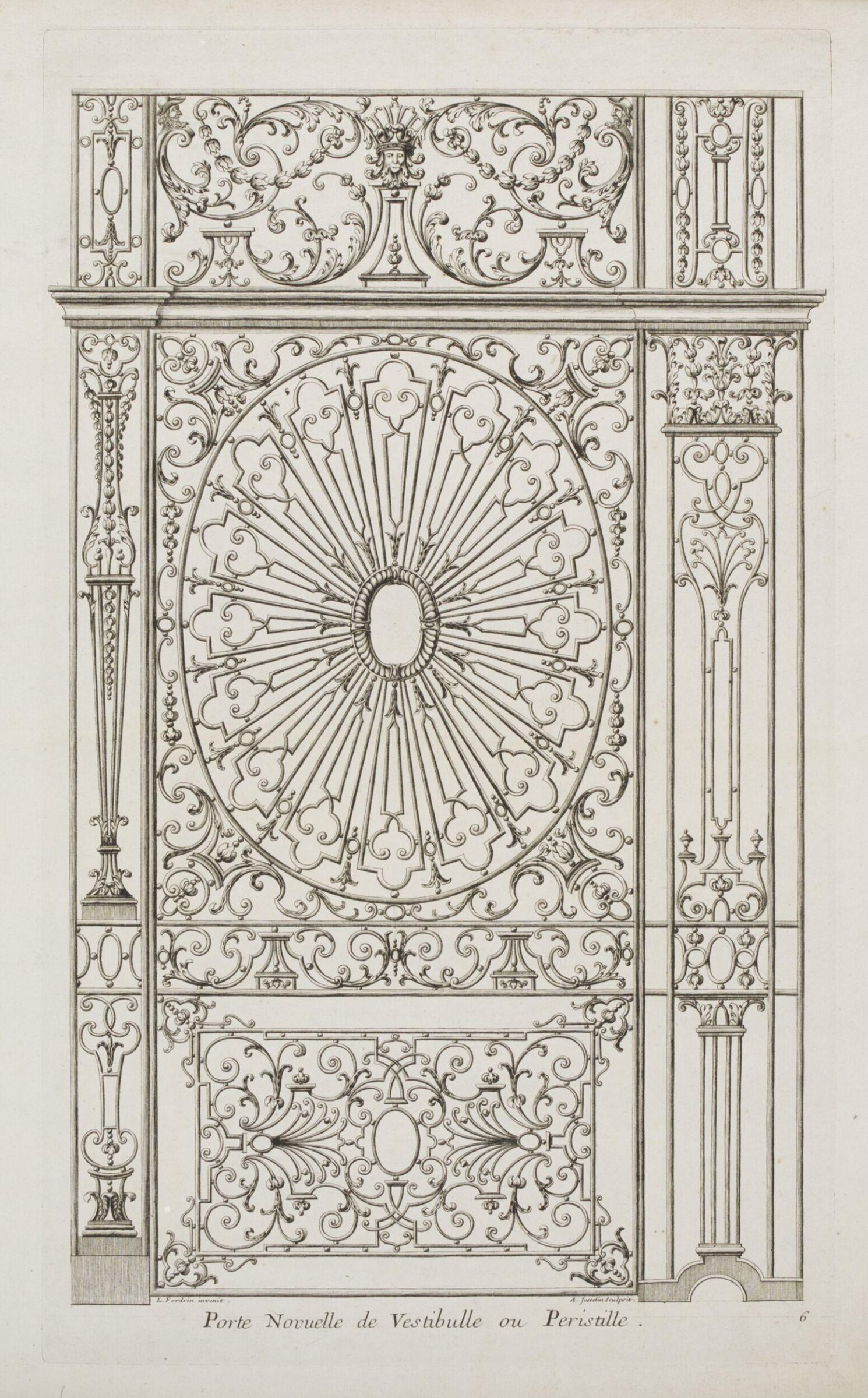 Nouveau Livre de Serrurerie, Contenant Toutes Sortes de Grilles d'un Gout Nouveau, Propres Pour les Coeurs d'Eglises, portes de Vestibules, Peristyles et de Jardins, tant pour les Maisons Royales, que pour celles des Seigneurs et Particuliers. Rampes, Port'emseignes, Balcons riches et simples, et autres de different Desseins. Invente et Compose Par Louis Fordrin, Serrurier ordinaire des Batiments du Roy, et ses Monnoyes., Louis Fordrin, 1723