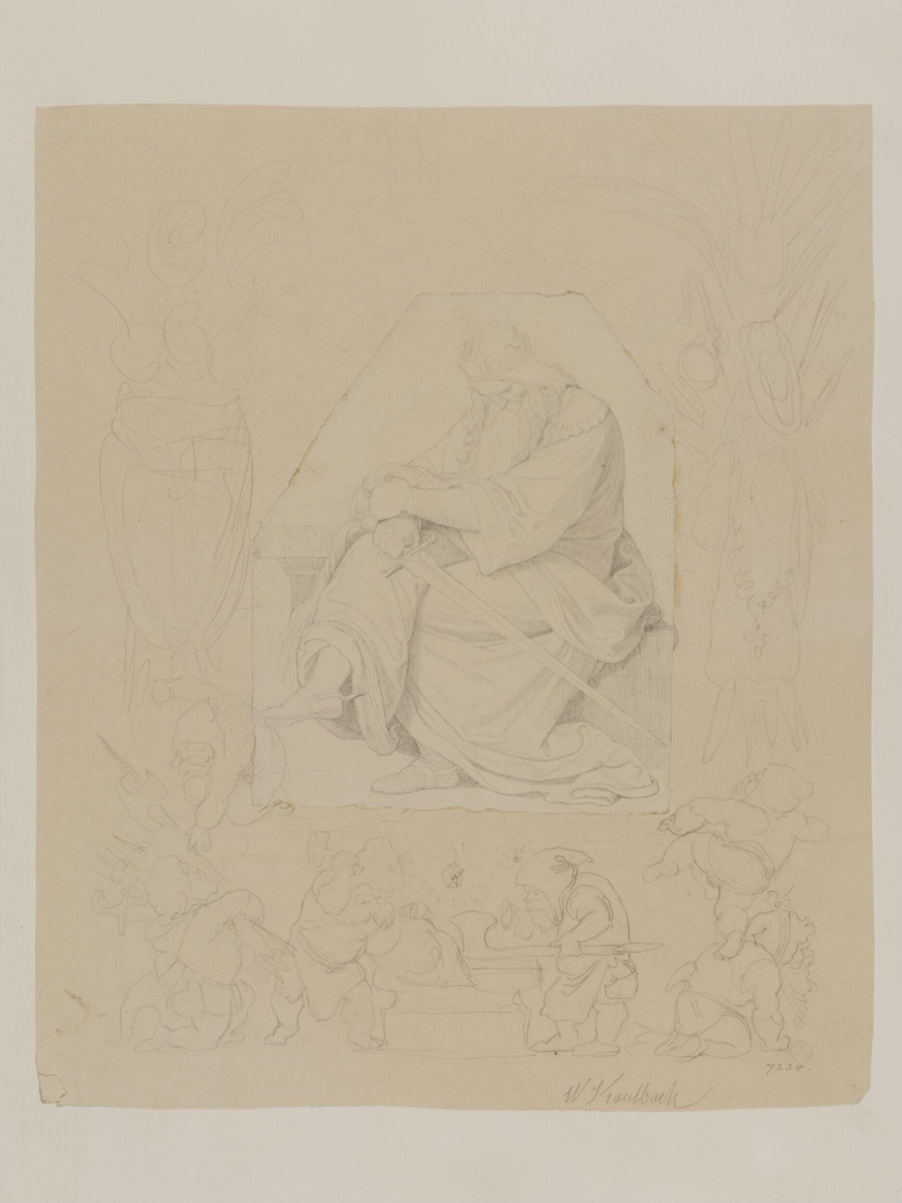 Study of the seated figure of Frederick I, Holy Roman Emperor, known as Emperor Barbarossa (1122-1190) in the Kyffhäuser, Вильгельм фон Каульбах, ок. 1841