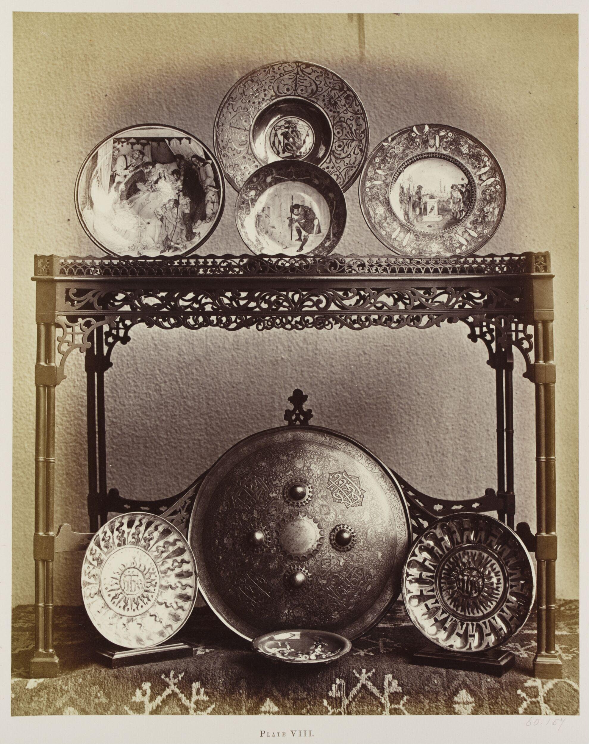 Works of art in pottery, glass, and metal in the collection of John Henderson, Plate VIII, Majolica plates and metal shield