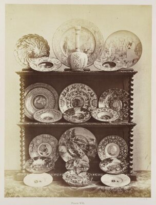 Works of art in pottery, glass, and metal in the collection of John Henderson, Plate VII, Majolica bottle and plates