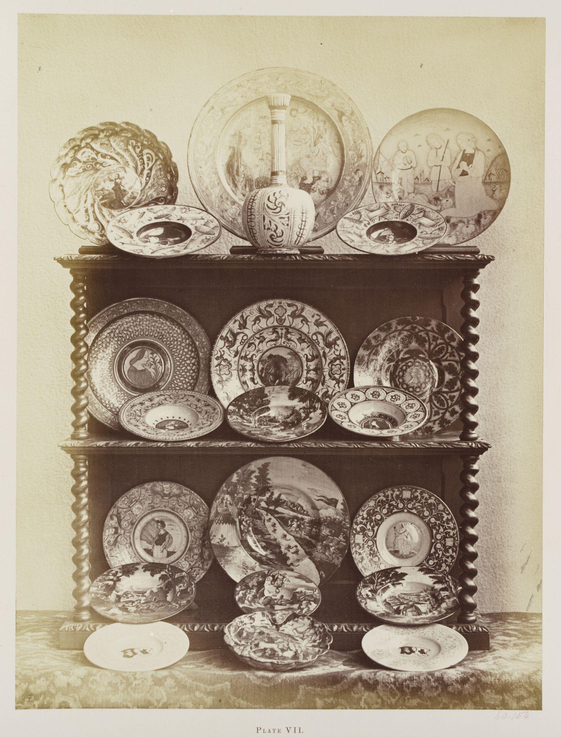 Works of art in pottery, glass, and metal in the collection of John Henderson, Plate VII, Majolica bottle and plates