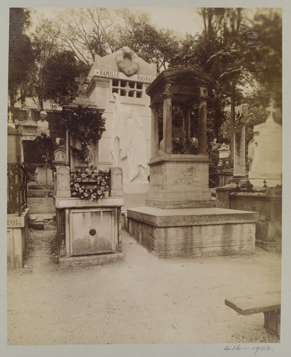 Atget, Jean-Eugène-Auguste, Monument to the Raspail Family by Antoine Etex in the cemetery Père Lachaise, Paris