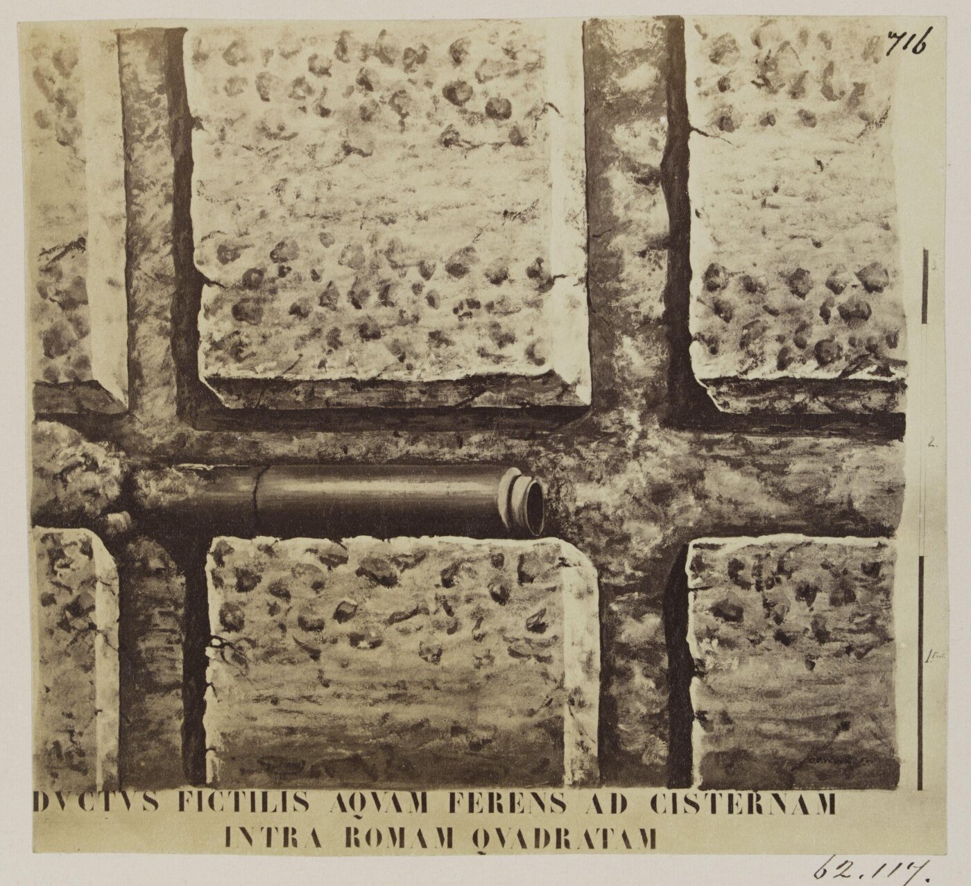 Parker, John Henry, Construction - Portion of the early concrete Wall on the Palatine, with large grooves formed by beams of wood, and a horizontal Water-pipe of Terra Cotta, conveying water to the Reservoir.