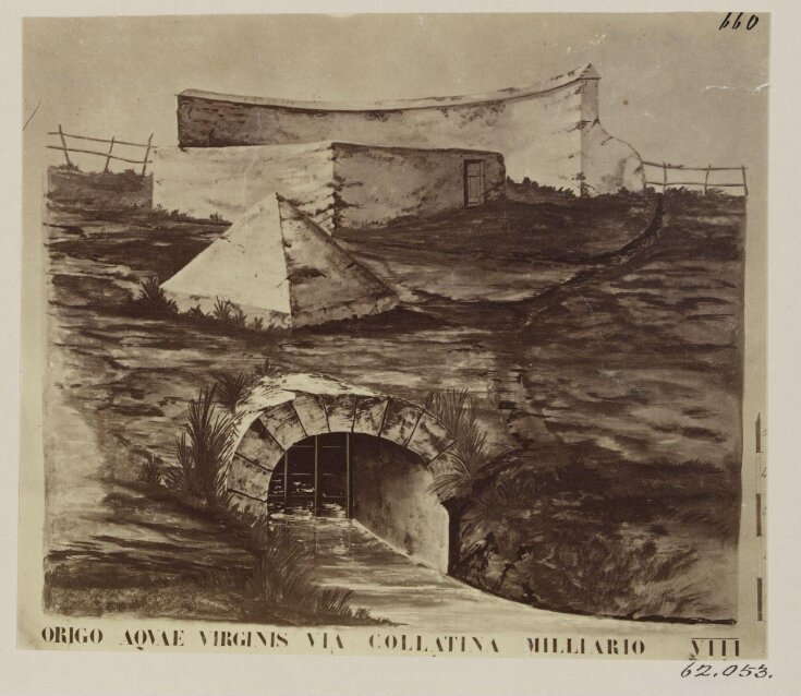 Aqueduct - Source of the Aqua Virgo on the Via Collatina, eight miles from Rome, with Reservoir and Respirator. top image