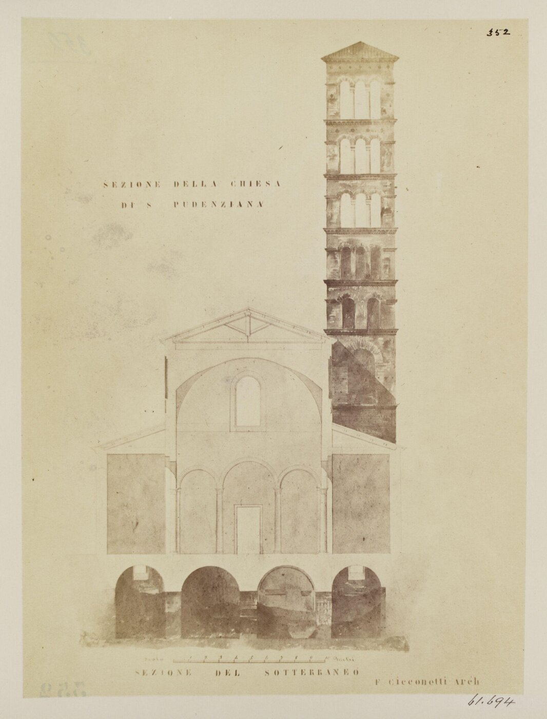 Parker, John Henry, Church of S. Pudentiana - Transverse Section of part of the House of Pudens, with the Subterranean Chambers or Crypt, and the Campanile.