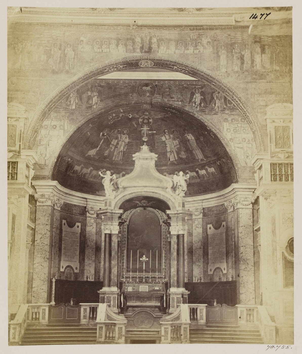 Parker, John Henry, Churches - S. Prassede, Interior of the Nave, shewing the Altar, with its Canopy or Baldacchino, the Apse, and the two Arches with Mosaic Pictures, A.D. 820.