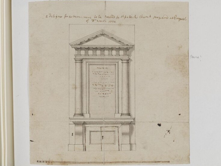 A designe for a monument to be erected in St Patrick's Church prepared at the request of Dr Worth 1732 top image
