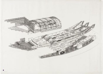 Exploded axonometric drawing of a design for Waterloo International Terminal, London