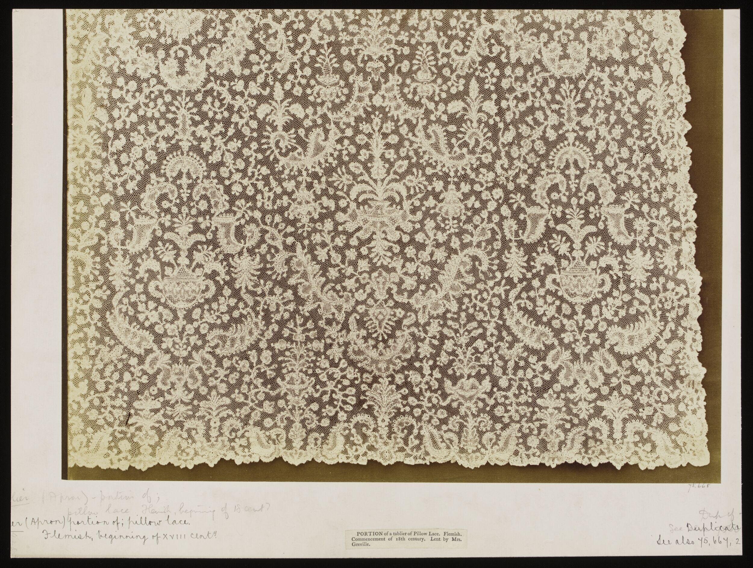 Portion of a tablier of Pillow Lace.  Flemish.  Commencement of 18th century