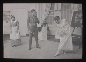 Hilda Trevelyan as Pathy, Leon Quartermaine as Valentine Brown, and Fay Compton as Phoebe Throssel in <i>Quality Street</i>, Haymarket Theatre, 1921