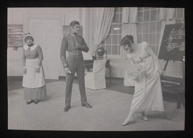 Hilda Trevelyan as Pathy, Leon Quartermaine as Valentine Brown, and Fay Compton as Phoebe Throssel in Quality Street, Haymarket Theatre, 1921 top image