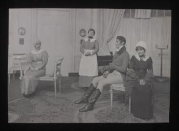 Hilda Trevelyan as Pathy, Leon Quartermaine as Valentine Brown, Mary Jerrold as Susan and Fay Compton as Phoebe Throssel in <i>Quality Street,</i> by J.M. Barrie, Haymarket Theatre, 1921