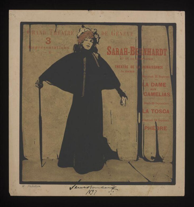 Poster advertising Sarah Bernhardt and her company from the Théâtre de la Renaissance, Paris, at the Grand Théâtre de Génève, 1897.  top image
