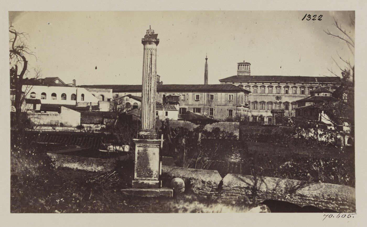 Parker, John Henry, General Views, Primitive Fortifications - The Lateran from the west across the foss, with a medieval column placed upon an ancient Cippus at the S.E. corner of the old city, in the Vigna Fonseca